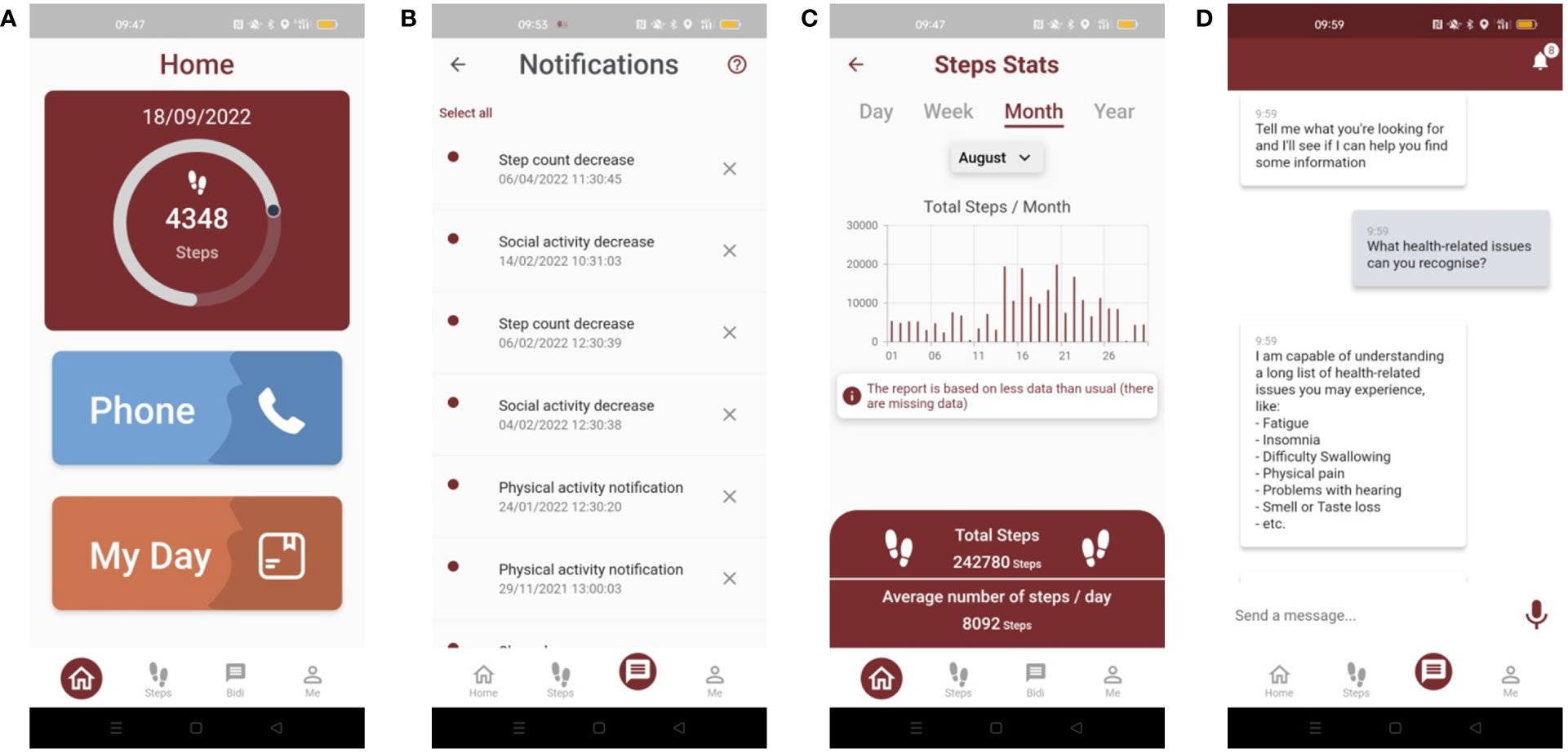 Screenshot of the BD4QoL study mobile app